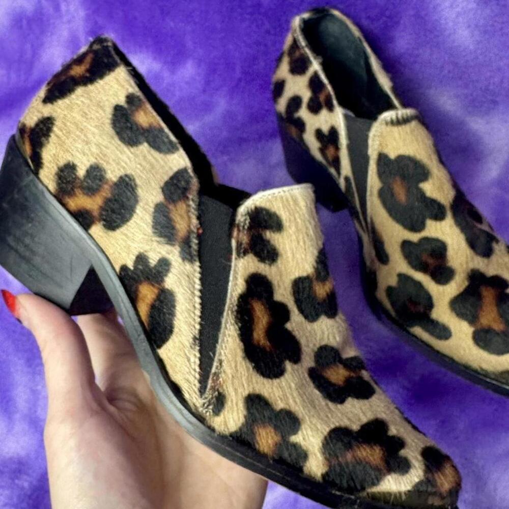 Leopard print cow hair furry leather cowboy ankle boots with metal toe caps